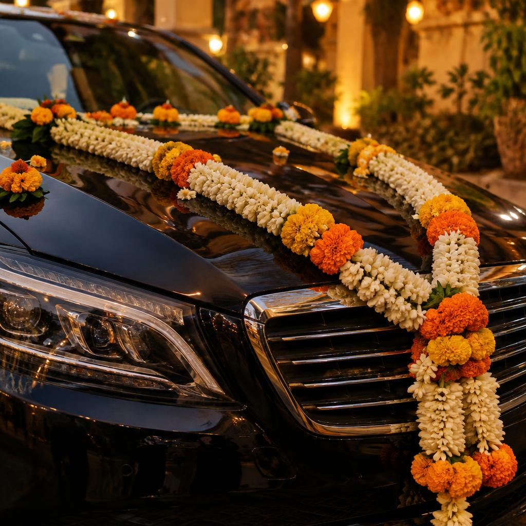 Car bonnet decorated with jasmine and marigold garlands for a wedding